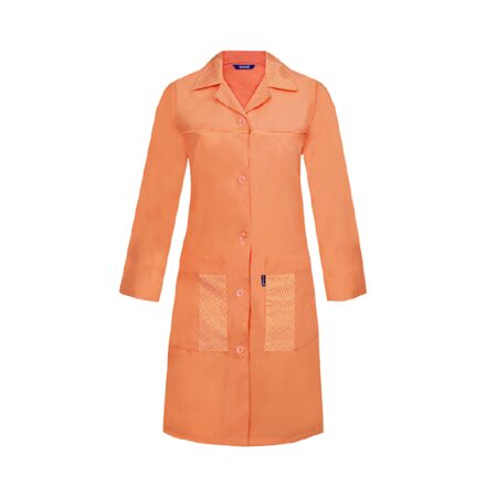 Tablier de travail femme avec poche poitrine insérée au niveau découpe carrure devant